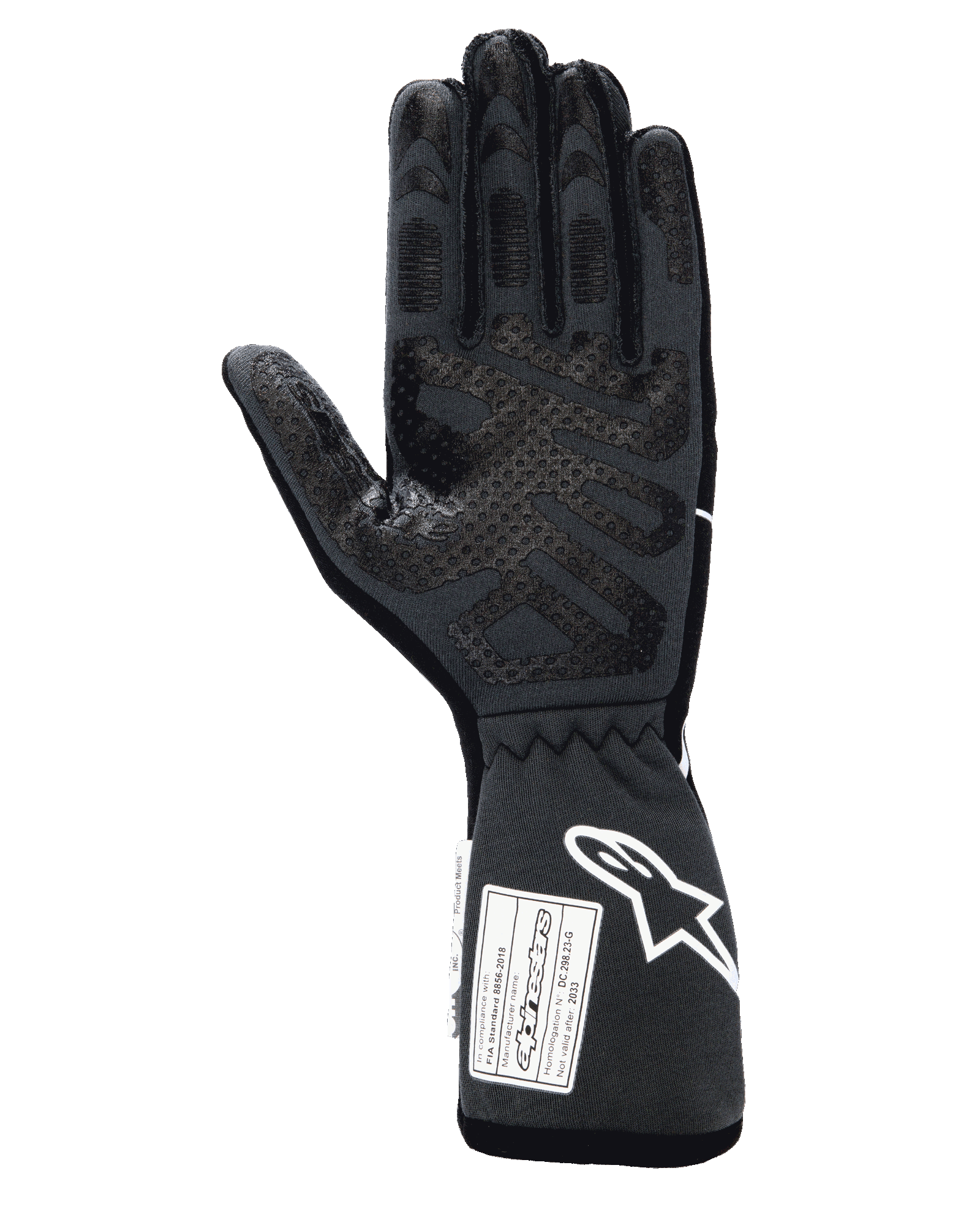 Alpinestars Tech-1 Race V4 Gloves, Professional Auto Racing Gloves, Black Tar Gray, palm side view featuring extensive silicone grip patterns on fingers and palm, extended gauntlet cuff with white Alpinestars logo and FIA/SFI certification labels