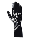 Alpinestars Tech-1 Race V4 Gloves, Auto Racing Gloves, Black Tar Gray, featuring a large white geometric star logo design, Alpinestars branding on the cuff and index finger, long gauntlet style for high-performance motorsport