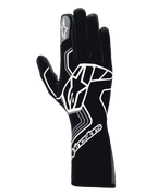 Alpinestars Tech-1 Race V4 Gloves, Auto Racing Gloves, Black Tar Gray, featuring a large white geometric star logo design, Alpinestars branding on the cuff and index finger, long gauntlet style for high-performance motorsport