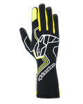 Alpinestars Tech-1 Race V4 Handschuhe, Auto-Rennhandschuhe, Schwarz mit Akzenten in Gelb-Fluo und Weiß, großes Sternenlogo auf dem Handrücken und kleiner Stern auf dem Zeigefinger, schlankes Design mit geometrischen Mustern und verlängerter Stulpe