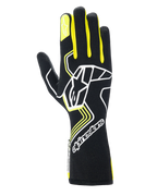 Alpinestars Tech-1 Race V4 Handschuhe, Auto-Rennhandschuhe, Schwarz mit Akzenten in Gelb-Fluo und Weiß, großes Sternenlogo auf dem Handrücken und kleiner Stern auf dem Zeigefinger, schlankes Design mit geometrischen Mustern und verlängerter Stulpe