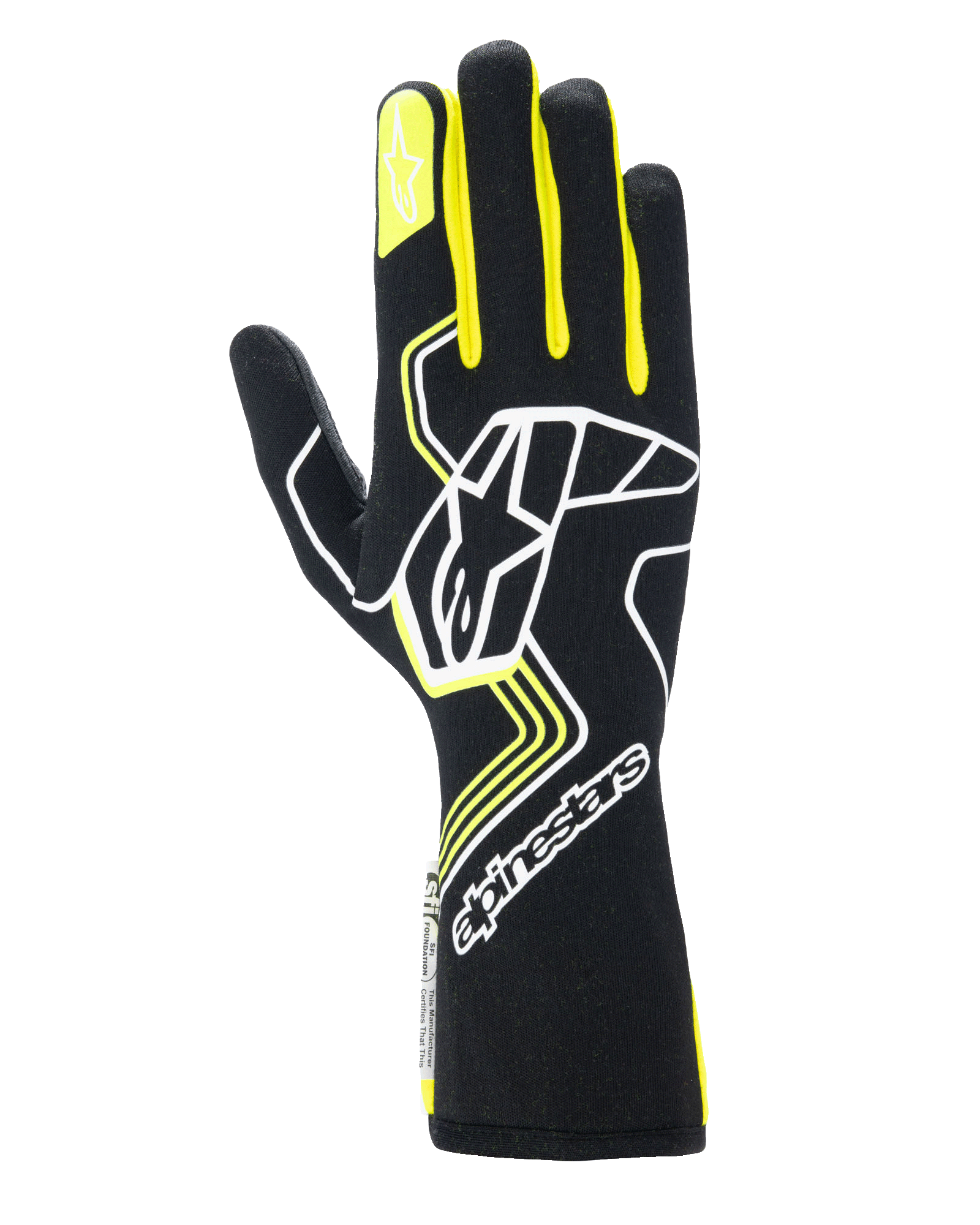 Alpinestars Tech-1 Race V4 Handschuhe, Auto-Rennhandschuhe, Schwarz mit Akzenten in Gelb-Fluo und Weiß, großes Sternenlogo auf dem Handrücken und kleiner Stern auf dem Zeigefinger, schlankes Design mit geometrischen Mustern und verlängerter Stulpe