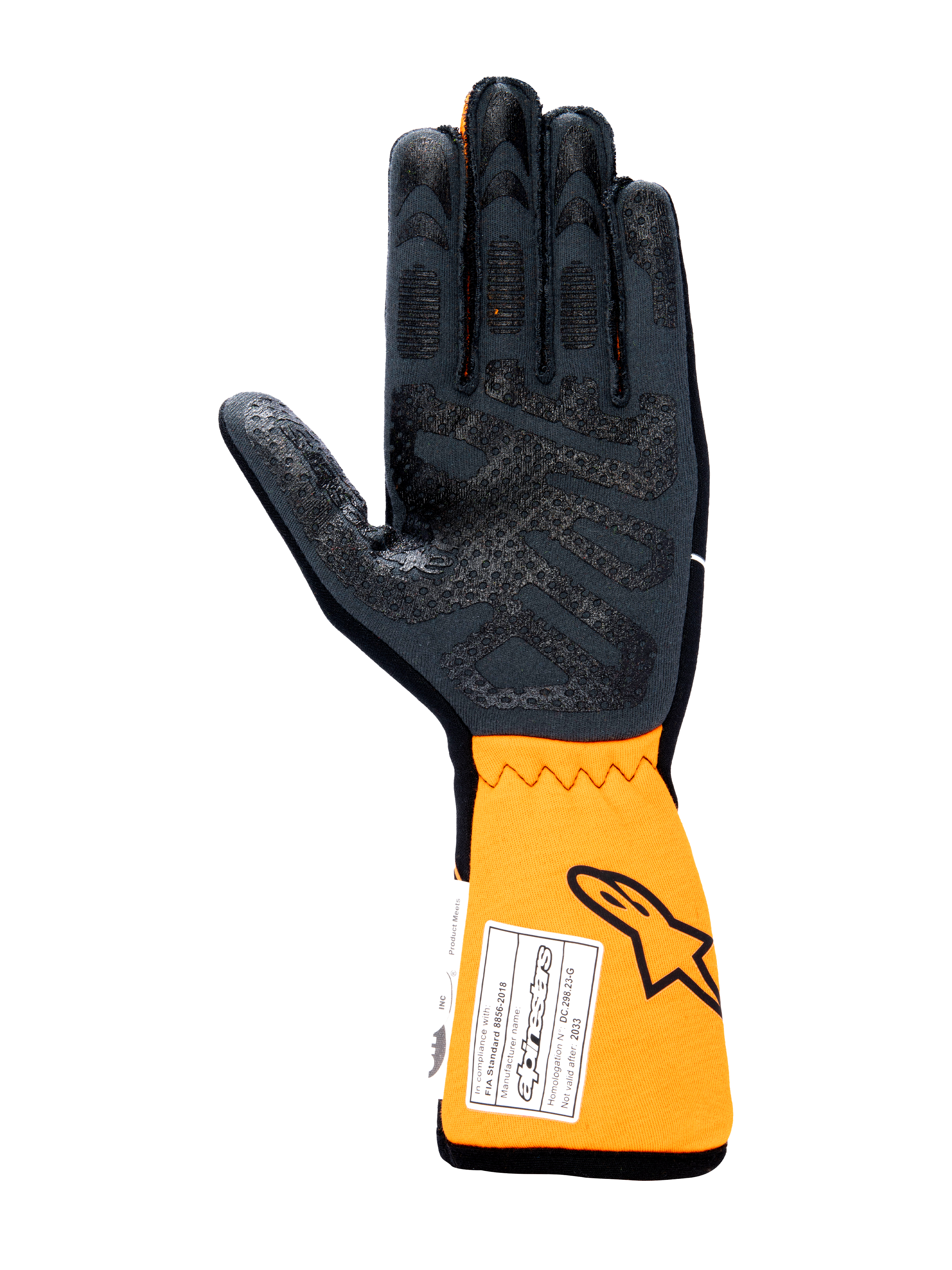 Alpinestars Tech-1 Race V4 Gloves, Auto Racing Gloves, Palm view in Black and Orange Fluo, featuring silicone grip pattern on the palm and fingers, extended orange cuff with FIA homologation label and Astars logo
