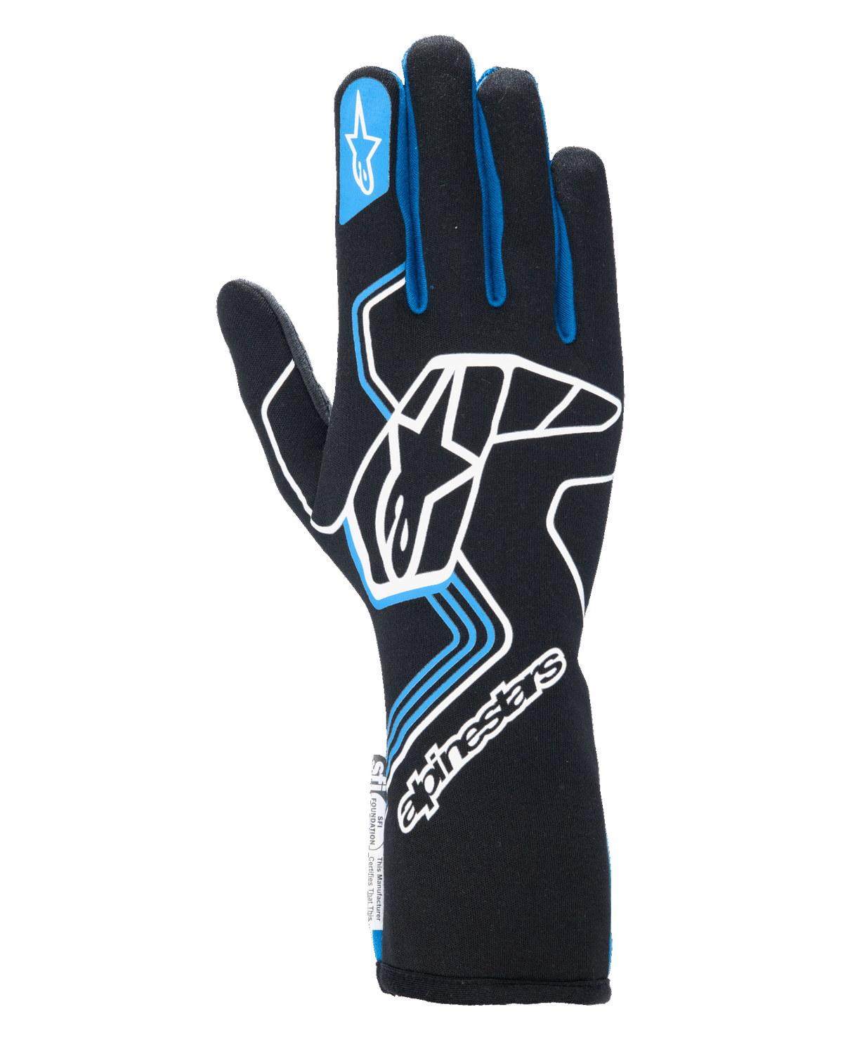 Alpinestars Tech-1 Race V4 Handschuhe, Auto-Rennhandschuhe, Schwarz mit blauen und weißen Akzenten, großes weißes Logo auf dem Handrücken, blaue Paspeln an den Fingern, verlängerte Stulpe, professionelles flammenbeständiges Design für den Motorsport