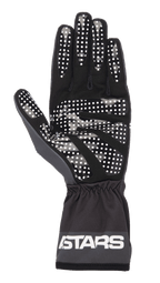 Alpinestars Tech-1 K Race V2 One Vision Handschuhe, Schwarz und Tar-Grau, Handflächenansicht mit weißem Silikon-Punkt-Grip-Muster, elastische Manschette mit ASTARS-Logo, leichte Kart-Ausrüstung