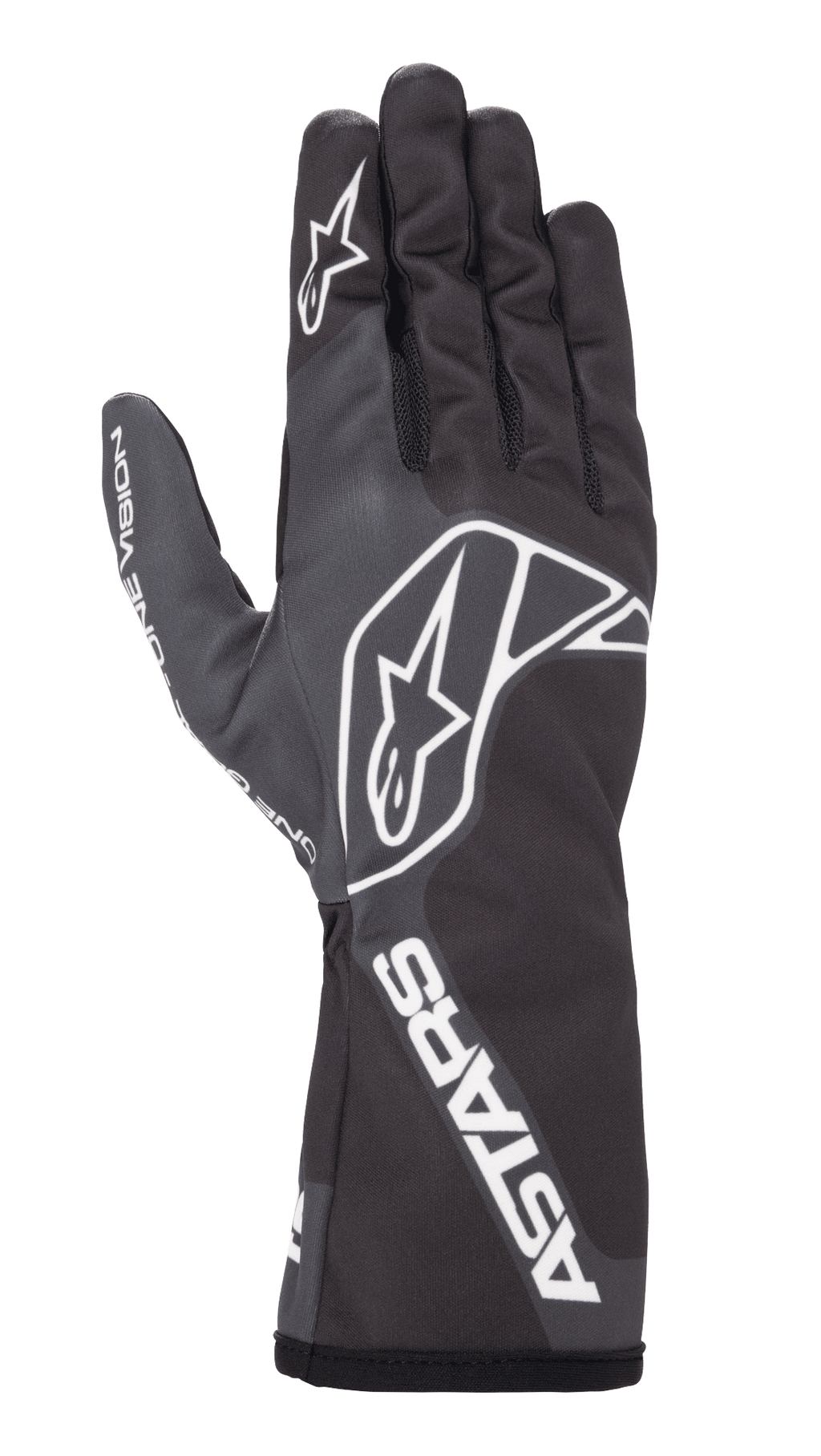 Alpinestars Tech-1 K Race V2 One Vision Handschuhe, Karting-Rennhandschuhe, Schwarz und Tar-Grau, mit weißem Stern-Logo auf dem Handrücken und Finger, ASTARS-Branding an der Stulpe, schlankes Design mit langer Stulpe