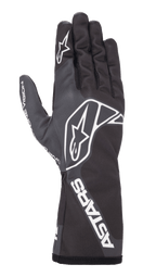 Alpinestars Tech-1 K Race V2 One Vision Handschuhe, Karting-Rennhandschuhe, Schwarz und Tar-Grau, mit weißem Stern-Logo auf dem Handrücken und Finger, ASTARS-Branding an der Stulpe, schlankes Design mit langer Stulpe