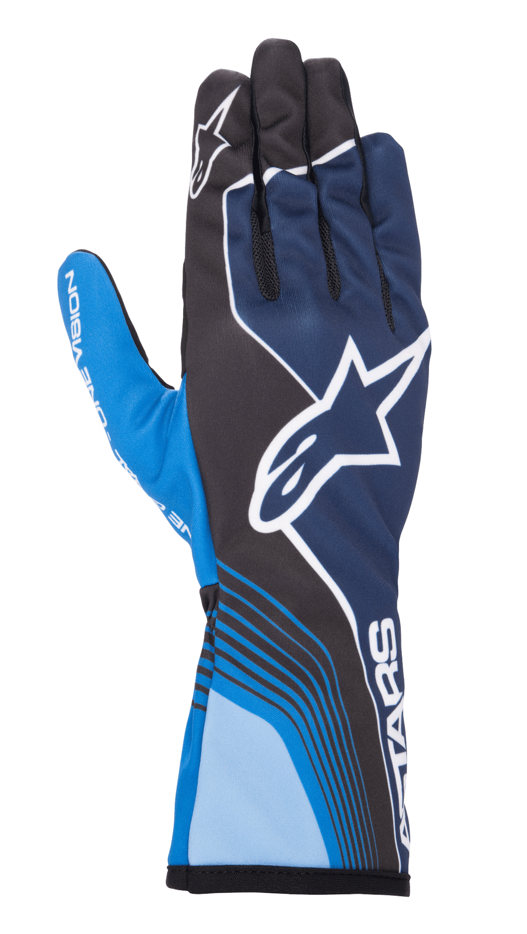 Alpinestars Tech-1 K Race V2 Future Handschuhe, Kart-Rennhandschuhe, Marineblau und Hellblau mit schwarzen Akzenten, großes weißes Stern-Logo, dynamische geschwungene Linien, Mesh-Einsätze an den Fingern, sportliches Motorsport-Design mit weißem Branding