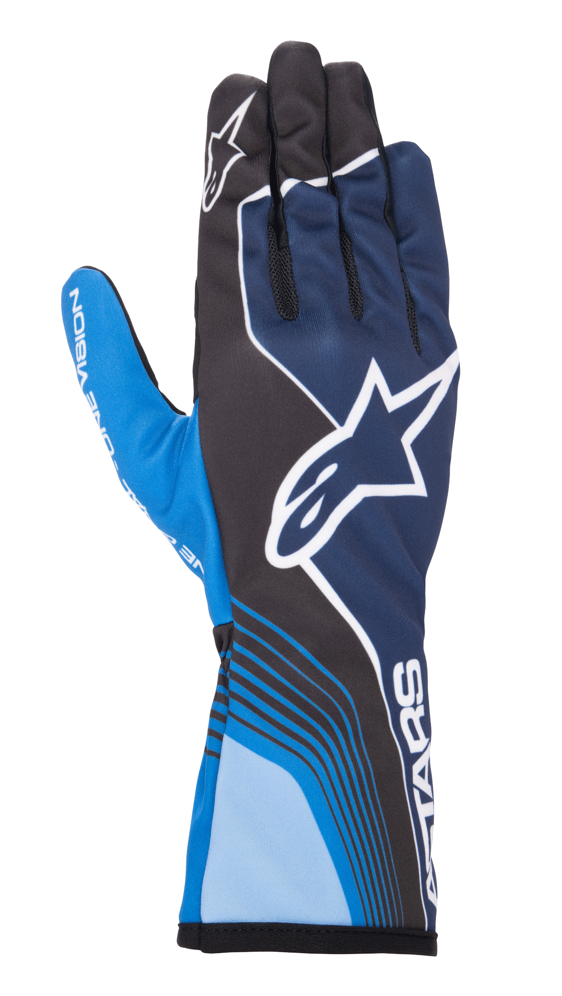 Alpinestars Tech-1 K Race V2 Future Handschuhe, Kart-Rennhandschuhe, Marineblau und Hellblau mit schwarzen Akzenten, großes weißes Stern-Logo, dynamische geschwungene Linien, Mesh-Einsätze an den Fingern, sportliches Motorsport-Design mit weißem Branding