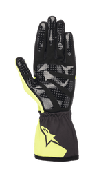 Alpinestars Youth Tech-1 K Race S V2 Corporate Handschuhe, Kart-Handschuhe, Anthrazit und Lime, Handflächenansicht mit gepunktetem Silikon-Grip-Druck, Handfläche aus synthetischem Wildleder und elastisches Bündchen mit Alpinestars-Logo