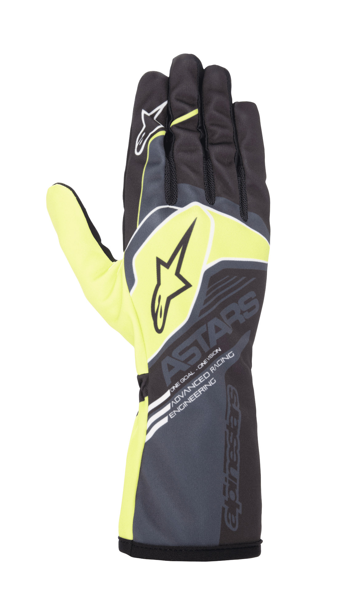 Alpinestars Youth Tech-1 K Race S V2 Corporate Handschuhe, Kart-Rennhandschuhe, Anthrazit und Lime Green, mit Stern-Logos und „ASTARS“-Branding, lange Stulpe mit „Advanced Racing Engineering“-Schriftzug, Performance-Renndesign für jugendliche Fahrer