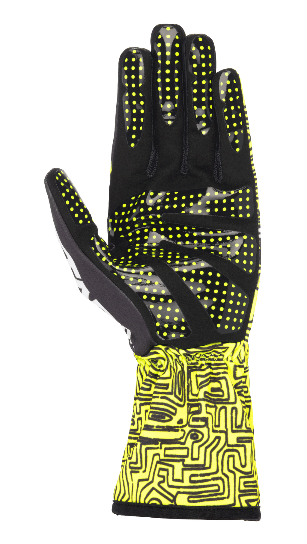 Alpinestars Tech-1 K Race V2 Vertical Handschuhe, Gelb Fluo und Schwarz, Handflächenansicht mit Fokus auf Silikon-Gripmuster und gelben Punkten, abstrakter Digitaldruck auf der Stulpe, spezielles Karting-Handschuhdesign