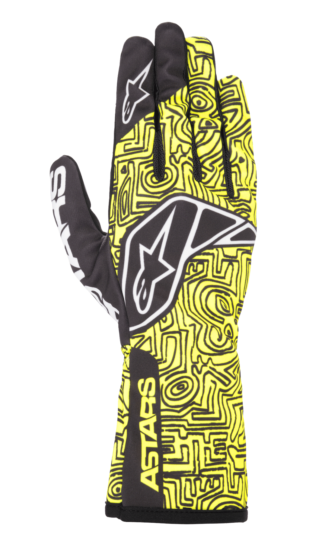 Alpinestars Tech-1 K Race V2 Vertical Handschuhe, Karting-Rennhandschuhe, Gelb Fluo und Schwarz, mit weißem Stern-Logo, komplexem abstrakten Linienmuster und ASTARS-Branding an der Manschette, leichtes Design für Motorsport-Performance