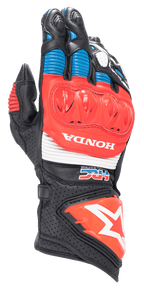 Alpinestars Honda GP Pro R3 Gloves, Motorcycle Racing Gauntlet Glove, Black with Bright Red and Blue accents, featuring a red DFS hard knuckle protector, white HONDA and HRC logos, perforated leather with accordion panels, and Alpinestars star logo on the cuff