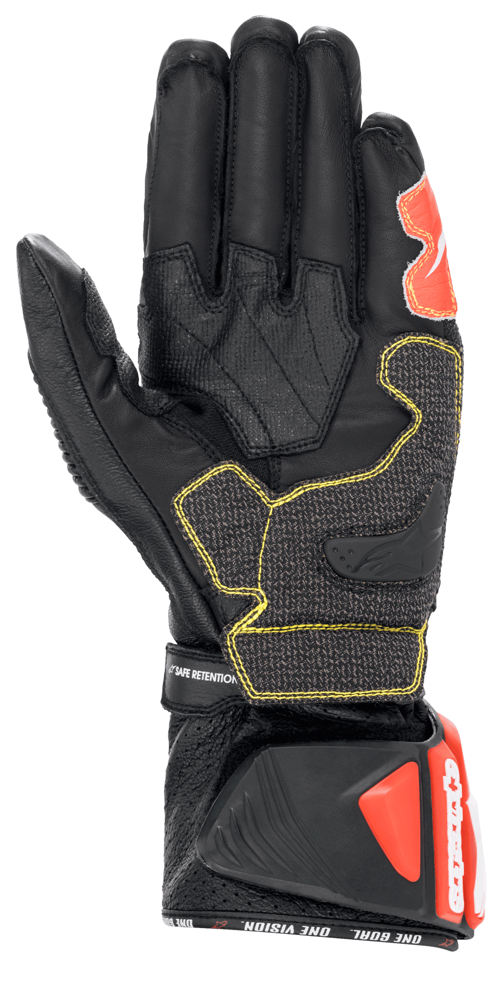 Alpinestars GP Tech V2 Handschuhe, Schwarz, Weiß und Fluorot, Handflächenansicht mit schwarzer Lederkonstruktion und gelben Kontrastnähten, schützende DFS-Manschette mit roten Akzenten, professionelle Racing-Motorradausrüstung