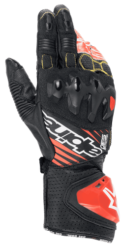 Alpinestars GP Tech V2 Handschuhe, Motorrad-Rennhandschuhe, Schwarz, Weiß und Fluo-Rot, mit Knöchelprotektor mit doppelter Dichte, perforiertes Leder mit gelben Nähten, roter DFS-Manschetten-Schleifer, professionelles Renndesign
