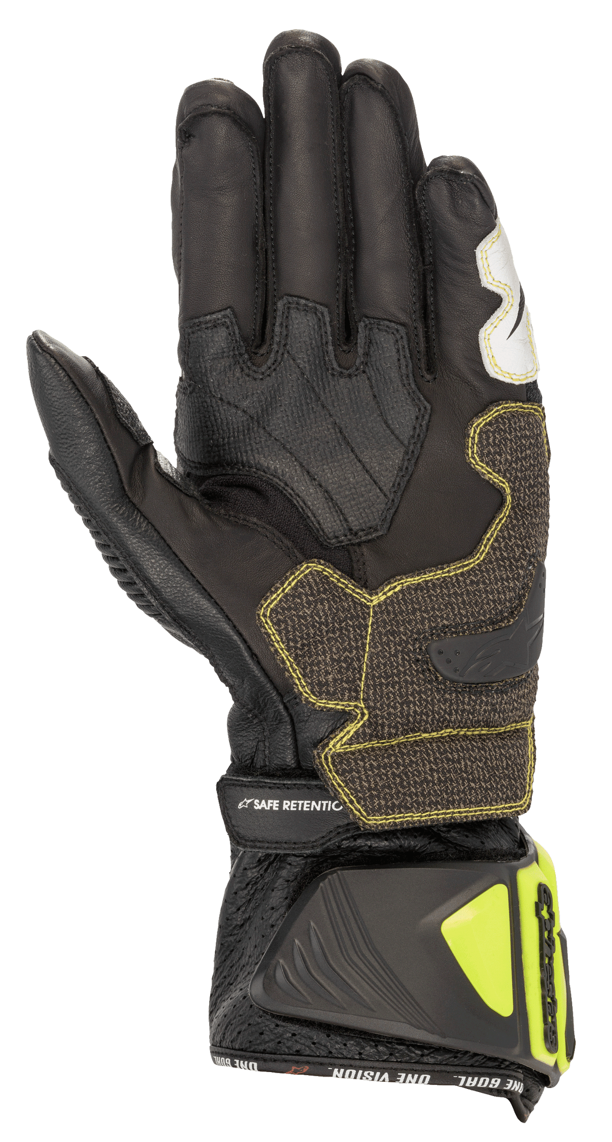 Alpinestars GP Tech V2 Gloves, Black and Yellow Fluo, Palm side view showing kangaroo leather construction, reinforced grip panels with yellow stitching, ergonomic cuff with yellow fluo protectors and 'SAFE RETENTION' strap, professional racing motorcycle gear