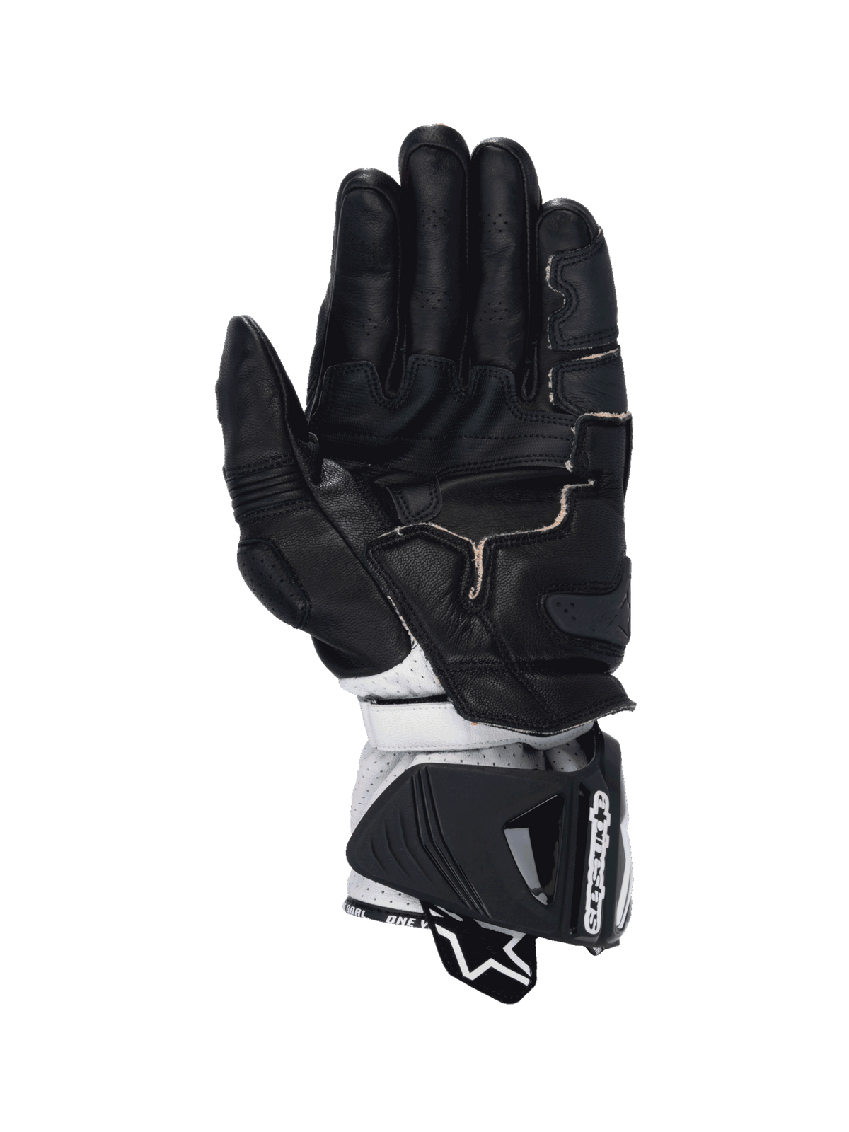 Alpinestars GP Pro R4 Herren-Rennhandschuhe, Schwarz und Weiß, mit Känguruleder-Handfläche und DFS-Manschettenschutz.