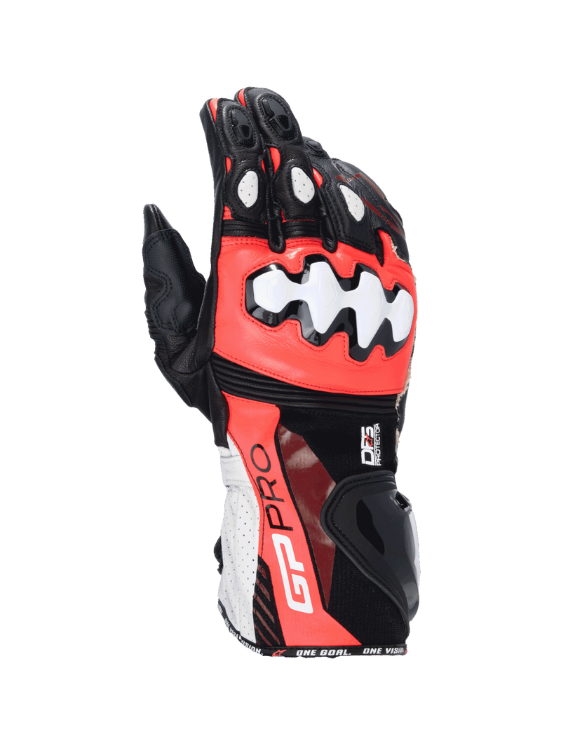 Alpinestars GP Pro R4 Handschuhe, Motorradrennhandschuhe aus Leder in Schwarz, Rot und Weiß mit DFS-Knöchelprotektoren.