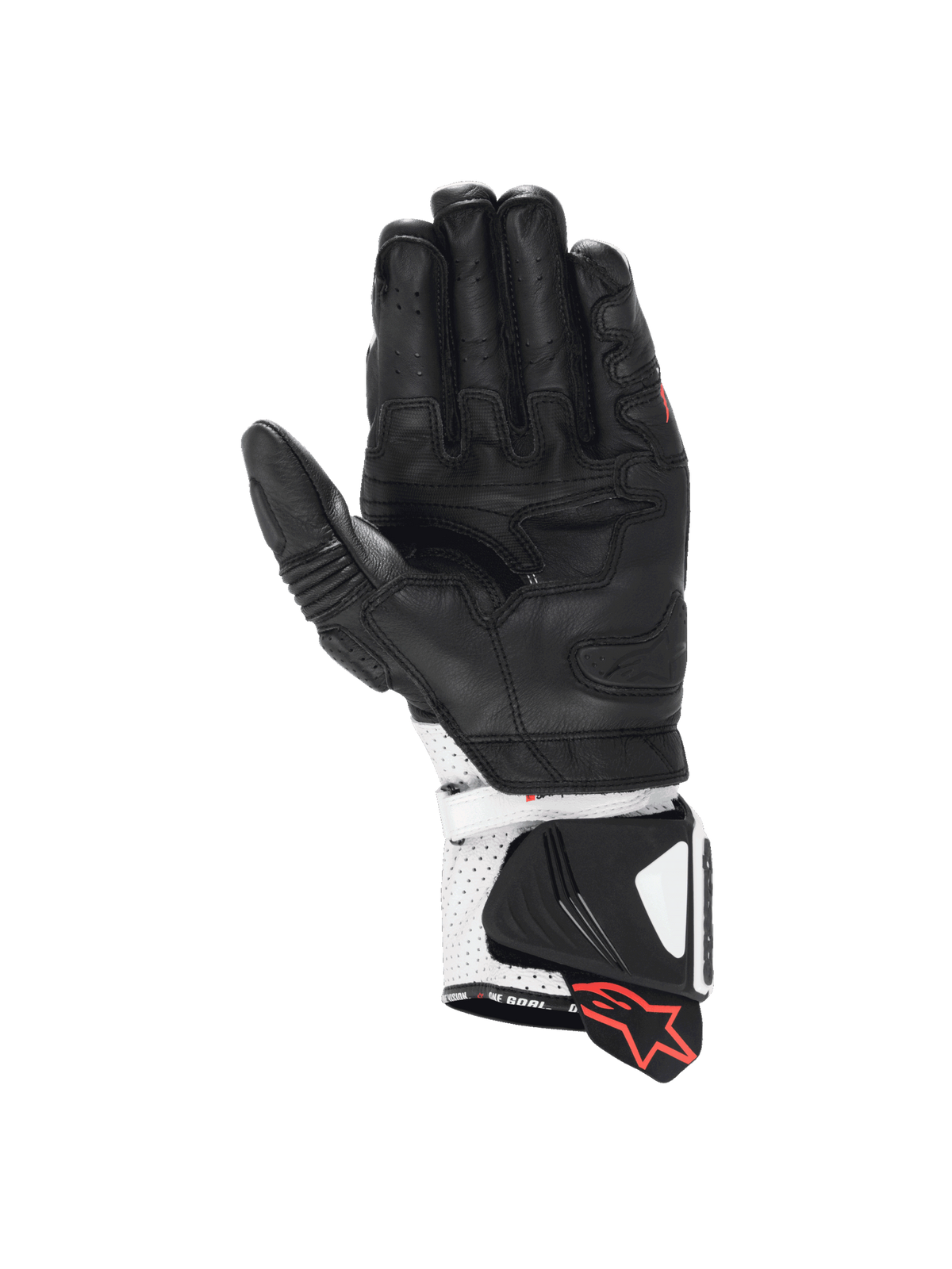 Alpinestars GP Pro R4 Handschuhe, Motorrad-Rennhandschuhe in Schwarz und Weiß mit Känguru-Handfläche und DFS-Manschette.