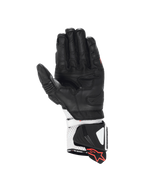 Alpinestars GP Pro R4 Handschuhe, Motorrad-Rennhandschuhe in Schwarz und Weiß mit Känguru-Handfläche und DFS-Manschette.