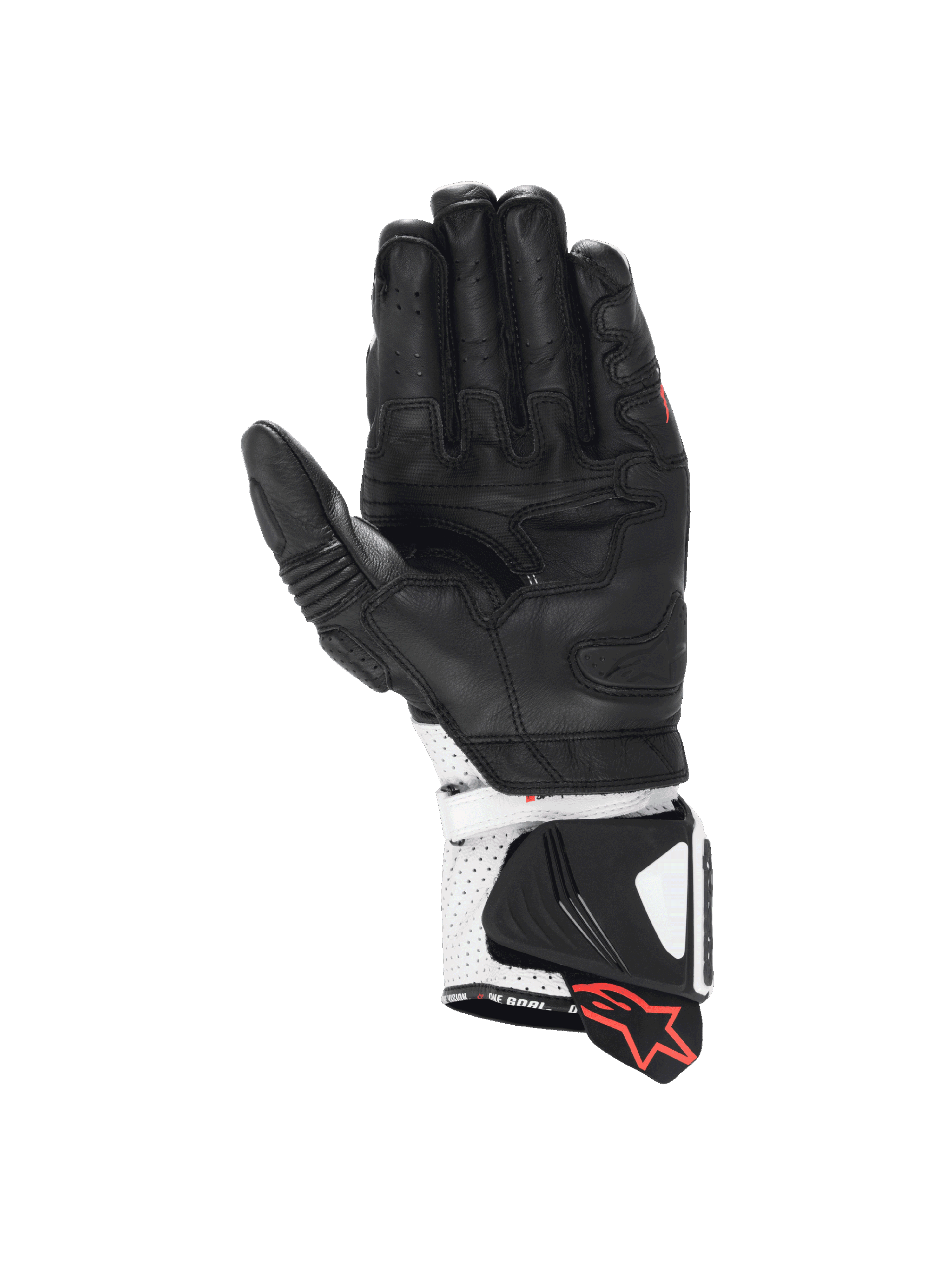 Alpinestars GP Pro R4 Handschuhe, Motorrad-Rennhandschuhe in Schwarz und Weiß mit Känguru-Handfläche und DFS-Manschette.