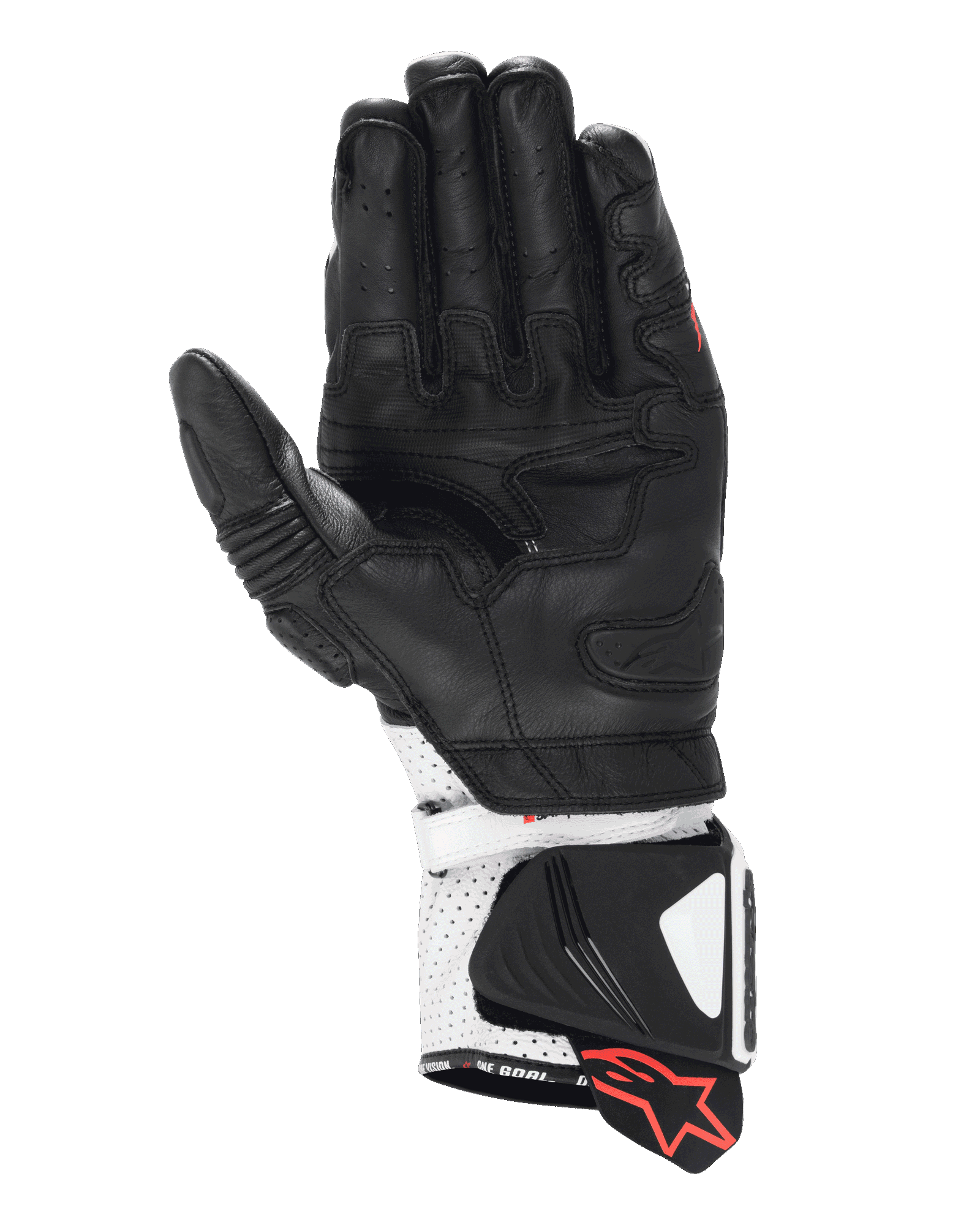 Alpinestars GP Pro R4 Handschuhe, Rennsport-Stulpenhandschuhe, Schwarz und Weiß, Ansicht der Handfläche mit Hochleistungs-Lederkonstruktion, perforierte Manschette mit Hartschiebern und roten Logo-Akzenten