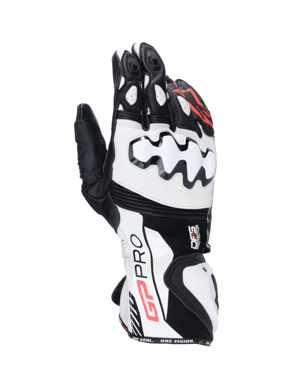Alpinestars GP Pro R4 Handschuhe, Motorrad-Rennsport-Stulpenhandschuhe aus Leder, Schwarz und Weiß, mit DFS-Knöchelschutz und Stulpenmanschette für Rennstrecken-Performance.