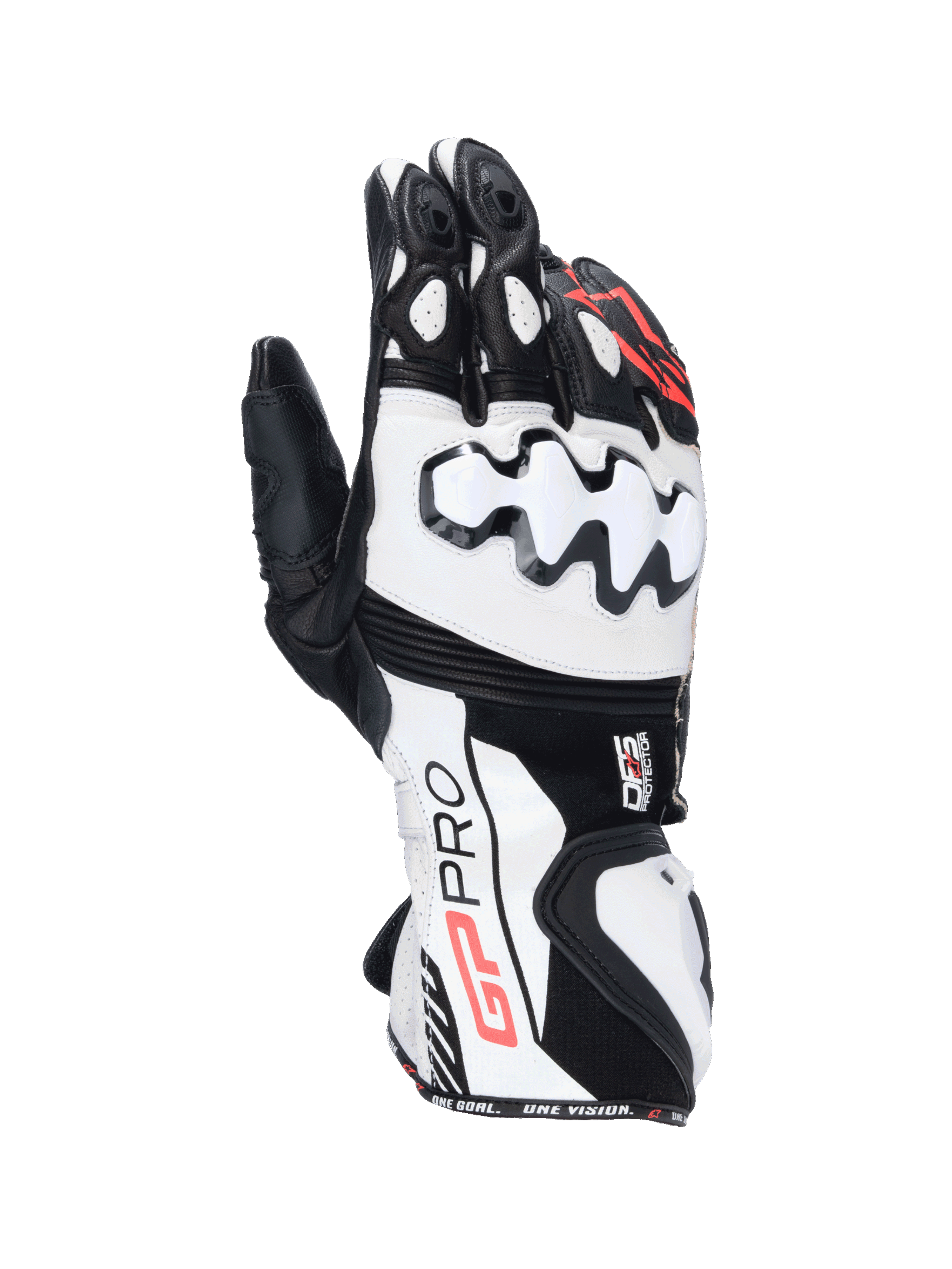 Alpinestars GP Pro R4 Handschuhe, Motorrad-Rennsport-Stulpenhandschuhe aus Leder, Schwarz und Weiß, mit DFS-Knöchelschutz und Stulpenmanschette für Rennstrecken-Performance.