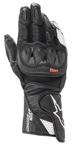 Alpinestars SP-2 V3 Gloves, Motorcycle Racing Gloves, Black and White, featuring hard TPU knuckle protectors, perforated leather for ventilation, long gauntlet cuff with white star logo and SP Series branding