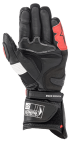 Alpinestars SP-2 V3 Gloves, Black White and Bright Red, palm view showing reinforced leather construction, TPU palm slider, white accordion panel, and secure wrist strap with branding