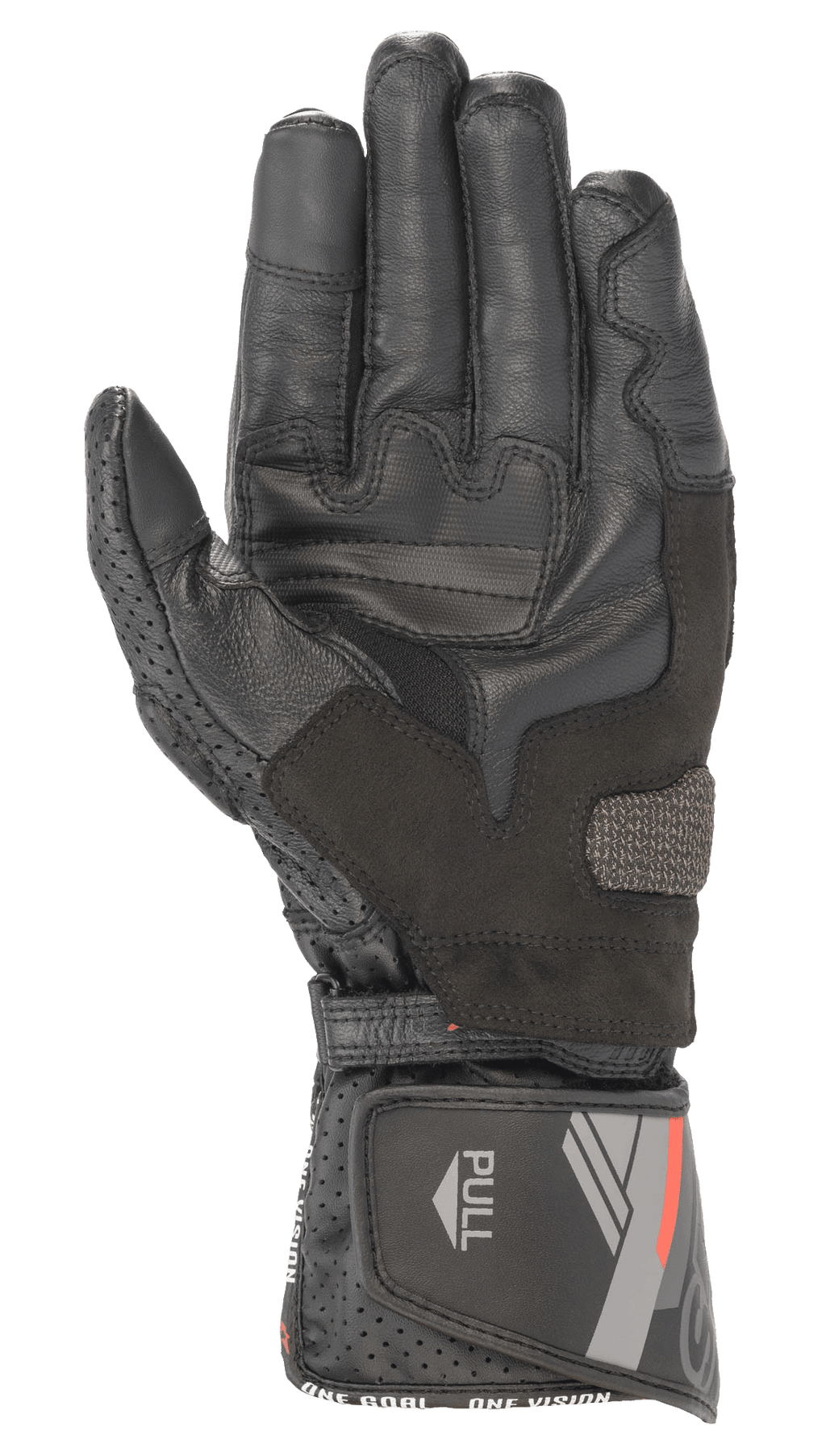 Alpinestars SP-8 V3 Lederhandschuh, Schwarz, Handflächenansicht mit verstärkten Grip-Einsätzen und perforiertem Daumen, verstellbare Manschette mit roten und grauen Grafiken sowie „PULL“-Lasche, sportliche Motorrad-Fahrausrüstung