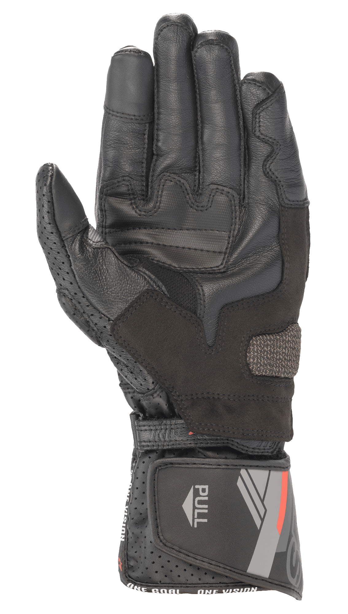 Alpinestars SP-8 V3 Lederhandschuh, Schwarz, Handflächenansicht mit verstärkten Grip-Einsätzen und perforiertem Daumen, verstellbare Manschette mit roten und grauen Grafiken sowie „PULL“-Lasche, sportliche Motorrad-Fahrausrüstung