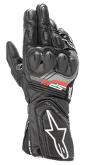 Alpinestars SP-8 V3 Lederhandschuhe, schwarze Motorrad-Rennhandschuhe, mit Knöchelschutz mit doppelter Dichte, rotem und grauem 'SP-8'-Branding, weißem Stern-Logo auf der perforierten Manschette, verstärkter Fingerpolsterung und Vollleder-Konstruktion für sportliches Fahren