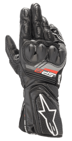 Alpinestars SP-8 V3 Lederhandschuhe, schwarze Motorrad-Rennhandschuhe, mit Knöchelschutz mit doppelter Dichte, rotem und grauem 'SP-8'-Branding, weißem Stern-Logo auf der perforierten Manschette, verstärkter Fingerpolsterung und Vollleder-Konstruktion für sportliches Fahren