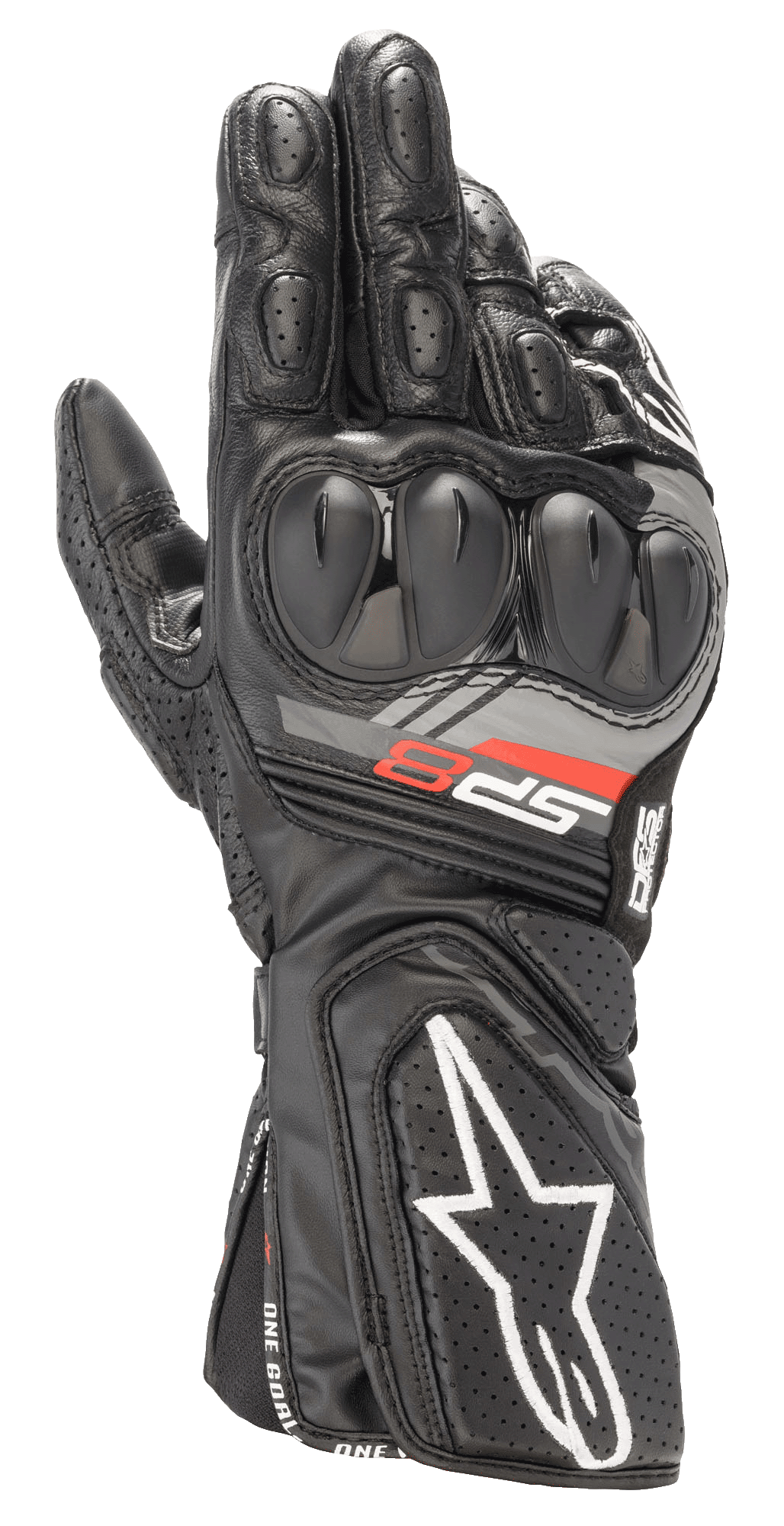 Alpinestars SP-8 V3 Lederhandschuhe, schwarze Motorrad-Rennhandschuhe, mit Knöchelschutz mit doppelter Dichte, rotem und grauem 'SP-8'-Branding, weißem Stern-Logo auf der perforierten Manschette, verstärkter Fingerpolsterung und Vollleder-Konstruktion für sportliches Fahren