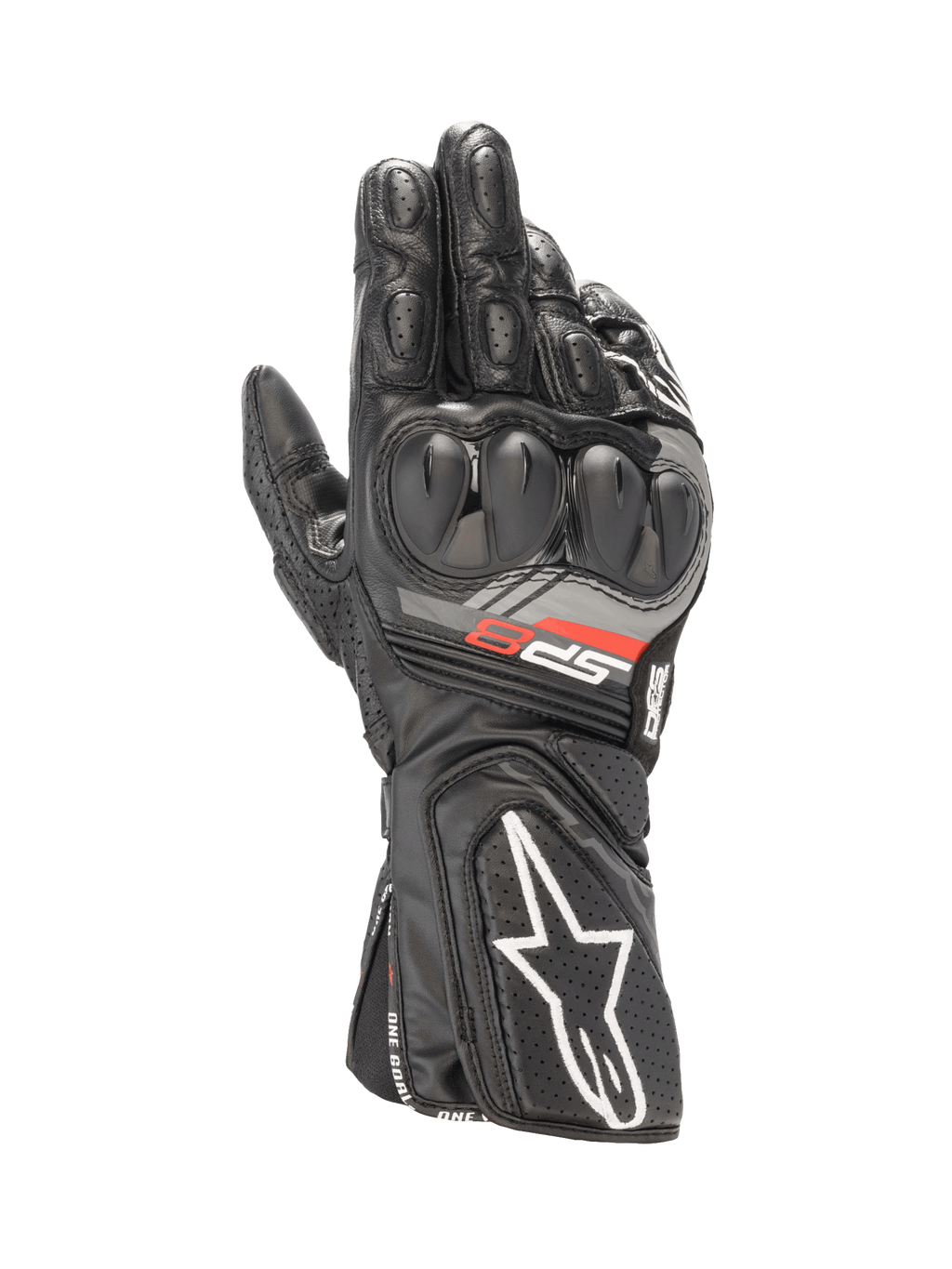 Alpinestars SP-8 V3 Motorradhandschuhe, Schwarz, aus Ziegenleder mit SP-Knöchelschutz und perforierter Manschette.