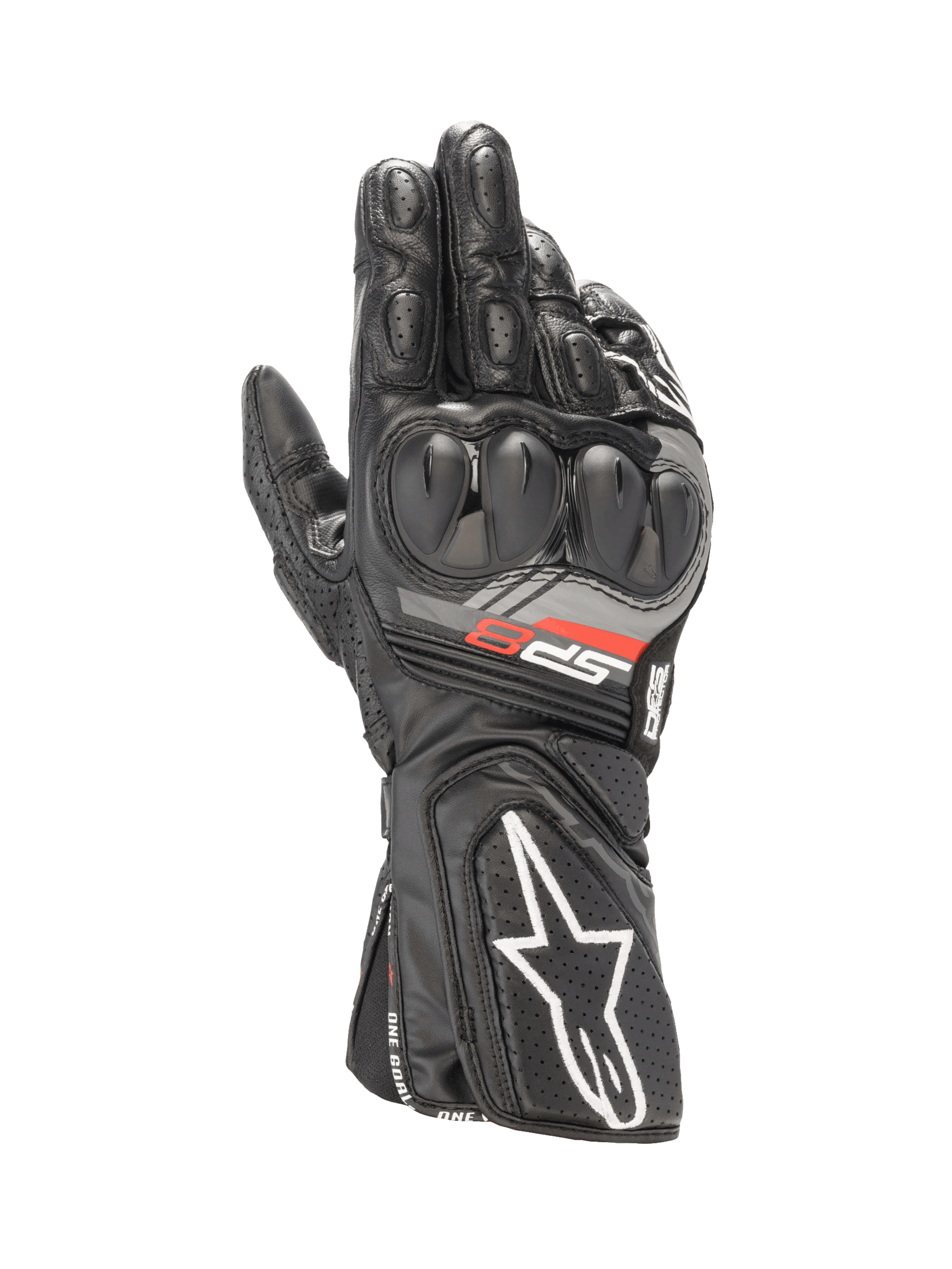 Alpinestars SP-8 V3 Motorradhandschuhe, Schwarz, aus Ziegenleder mit SP-Knöchelschutz und perforierter Manschette.