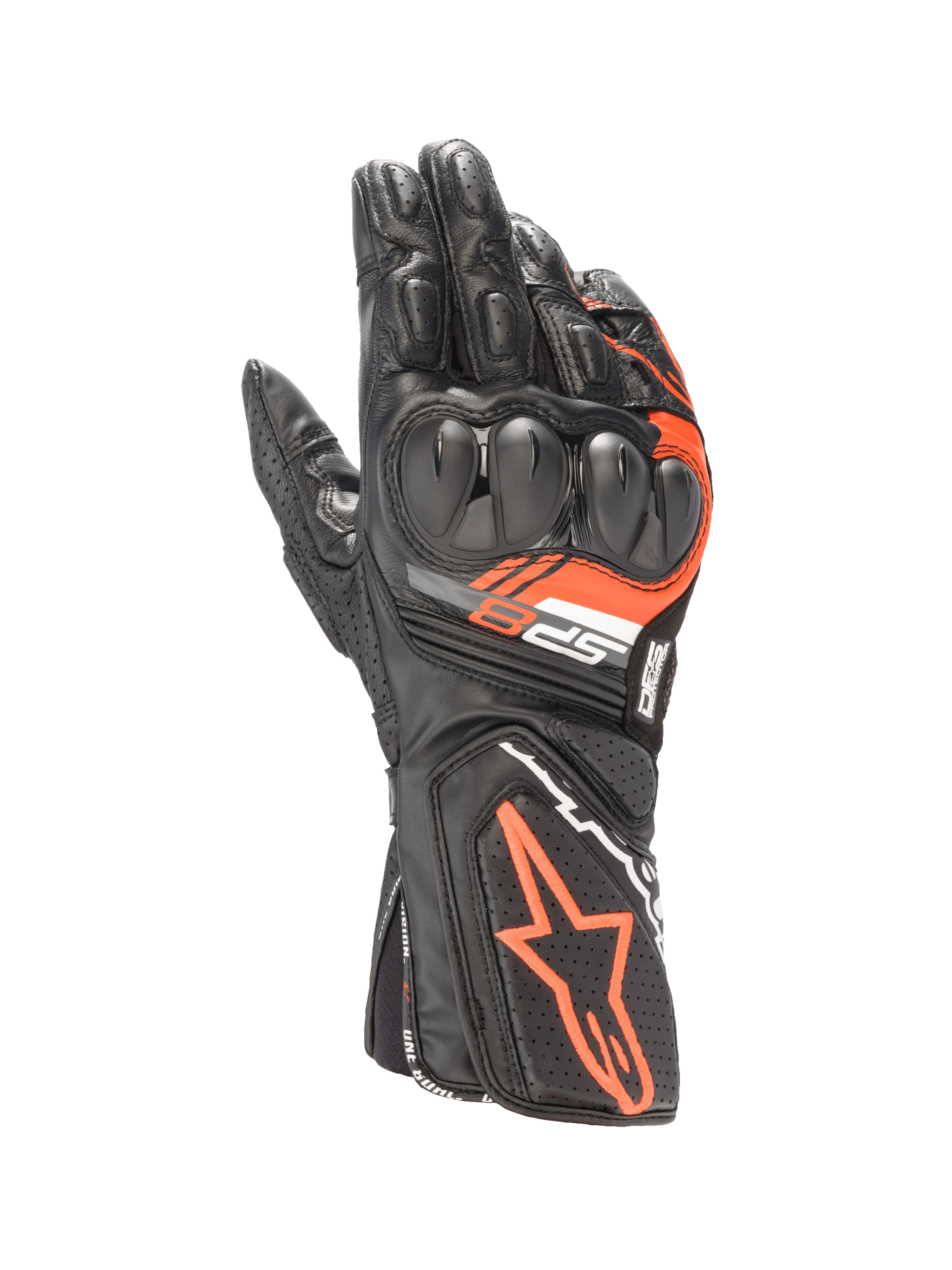 Alpinestars SP-8 V3 Lederhandschuhe in Schwarz und Rot Fluo, Motorradhandschuhe mit SP-Knöchelschutz für den Rennsport.