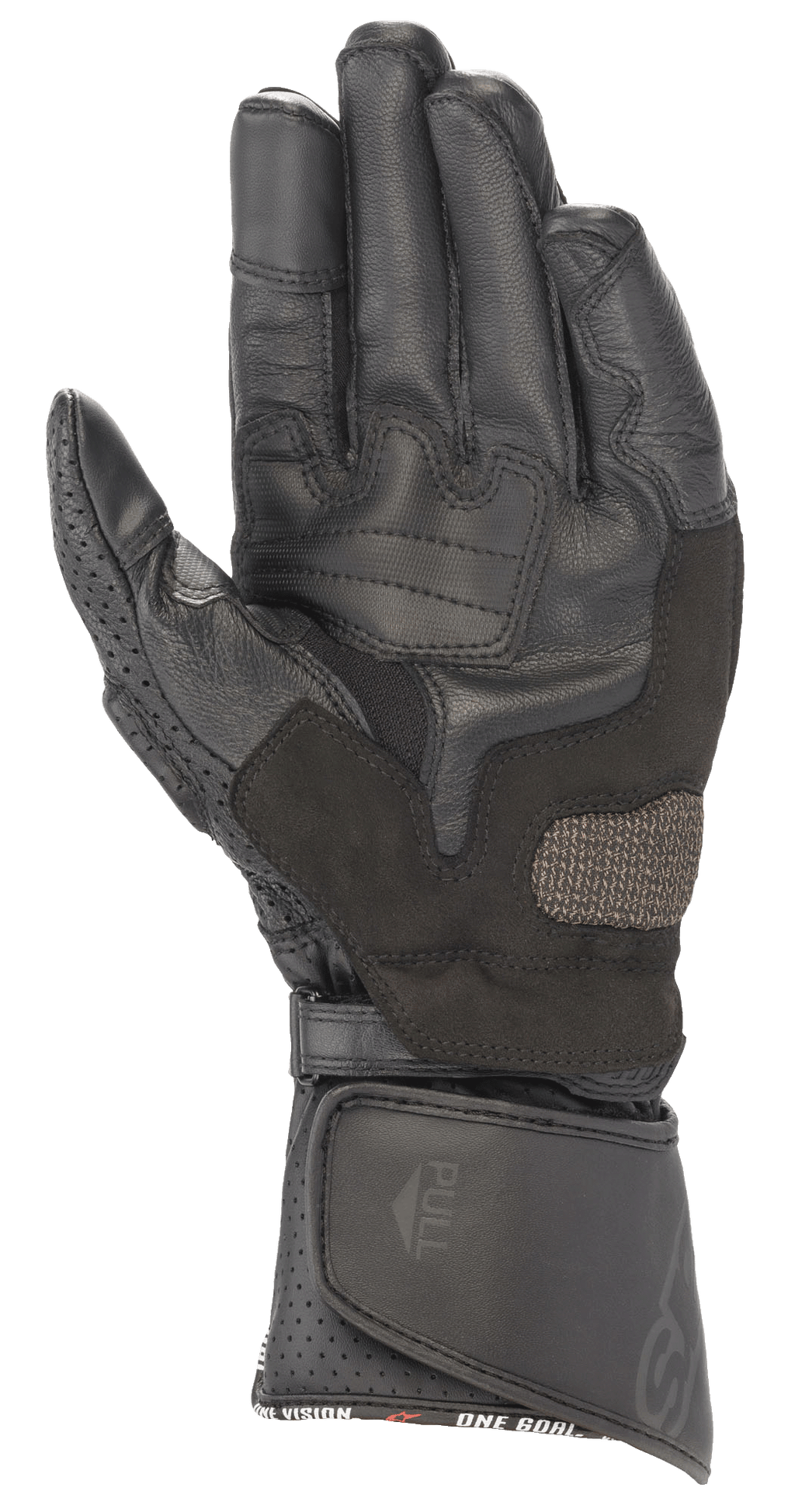 Alpinestars SP-8 V3 Lederhandschuhe, Schwarz, Ansicht der Handfläche mit verstärkten Grip-Pads, perforiertem Daumen und verstellbarem Klettverschluss am Bündchen, Hochleistungs-Schutz für Motorradrennen