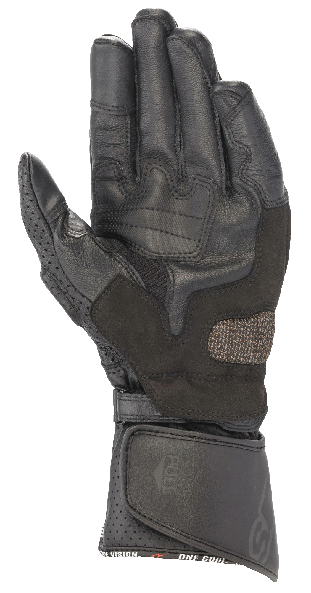 Alpinestars SP-8 V3 Lederhandschuhe, Schwarz, Ansicht der Handfläche mit verstärkten Grip-Pads, perforiertem Daumen und verstellbarem Klettverschluss am Bündchen, Hochleistungs-Schutz für Motorradrennen