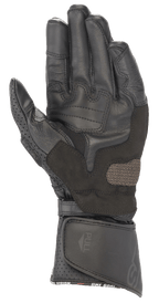 Alpinestars SP-8 V3 Lederhandschuhe, Schwarz, Ansicht der Handfläche mit verstärkten Grip-Pads, perforiertem Daumen und verstellbarem Klettverschluss am Bündchen, Hochleistungs-Schutz für Motorradrennen