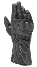 Alpinestars SP-8 V3 Handschuhe, schwarze Motorrad-Rennhandschuhe aus Leder, komplett Schwarz, mit Dual-Density-Knöchelschutz, perforierten Lederbahnen und einer sicheren Manschette mit geprägtem Stern-Logo und SP-8-Branding