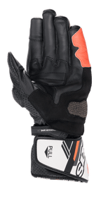 Alpinestars SP-8 V3 Handschuhe, Motorrad-Rennhandschuhe, Schwarz, Weiß und Rot Fluo, Handflächenansicht mit texturierten Griffeinsätzen und verstärkter Handfläche, Klettverschluss an der Manschette mit 'SAFE RETENTION'-Riemen und weißer 'PULL'-Lasche, perforierte Lederdetails