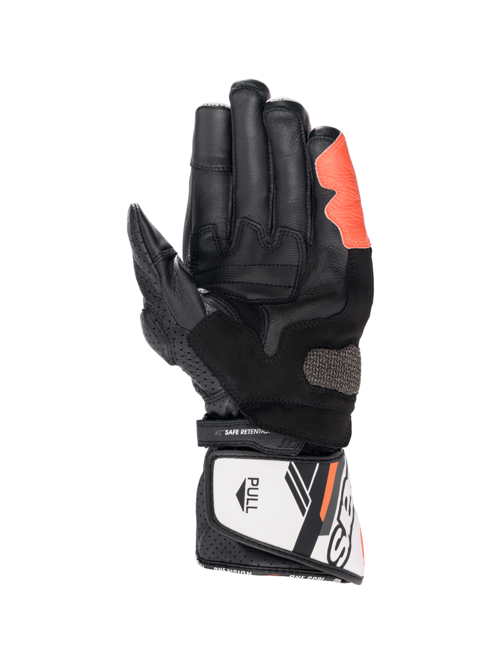 Alpinestars SP-8 V3 Motorradhandschuhe, Schwarz, Weiß und Rot Fluo, Lederkonstruktion mit Arshield-Slider, Handflächenansicht.