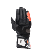 Alpinestars SP-8 V3 Motorradhandschuhe, Schwarz, Weiß und Rot Fluo, Lederkonstruktion mit Arshield-Slider, Handflächenansicht.