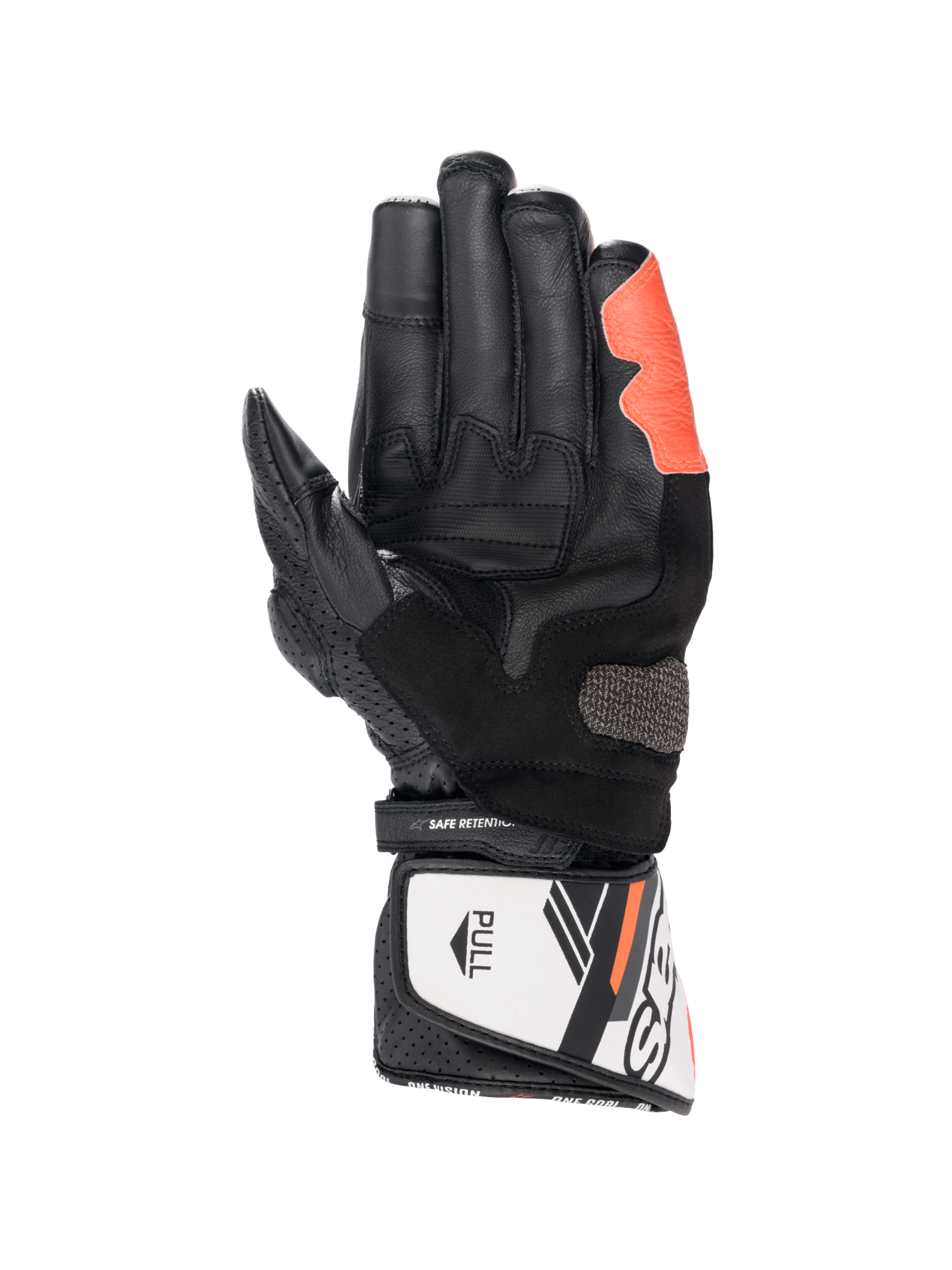 Alpinestars SP-8 V3 Motorradhandschuhe, Schwarz, Weiß und Rot Fluo, Lederkonstruktion mit Arshield-Slider, Handflächenansicht.