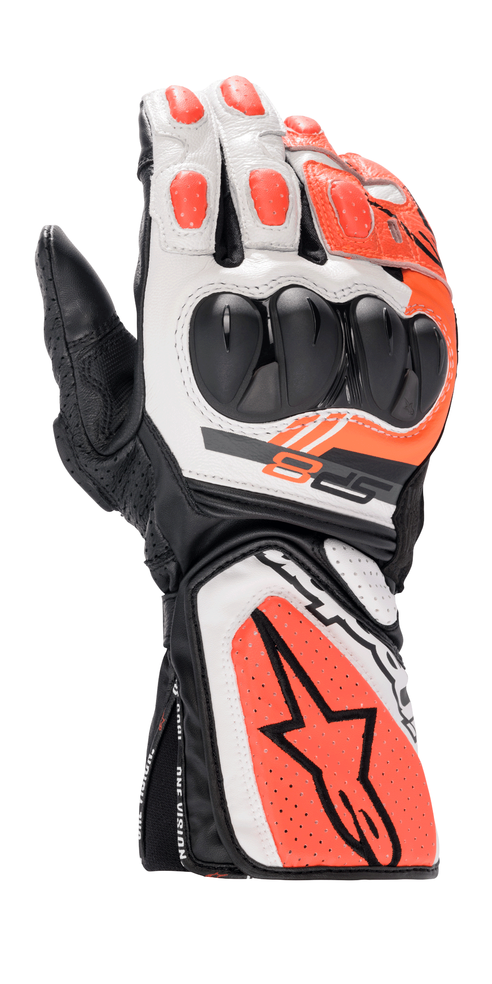 Alpinestars SP-8 V3 Handschuhe, Motorrad-Rennhandschuhe, Schwarz, Weiß und Rot Fluo, mit hartem Dual-Density-Knöchelschutz, perforierten Ledereinsätzen, langer Manschette mit großem Alpinestars Stern-Logo und ergonomischem Sport-Design
