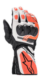 Alpinestars SP-8 V3 Handschuhe, Motorrad-Rennhandschuhe, Schwarz, Weiß und Rot Fluo, mit hartem Dual-Density-Knöchelschutz, perforierten Ledereinsätzen, langer Manschette mit großem Alpinestars Stern-Logo und ergonomischem Sport-Design