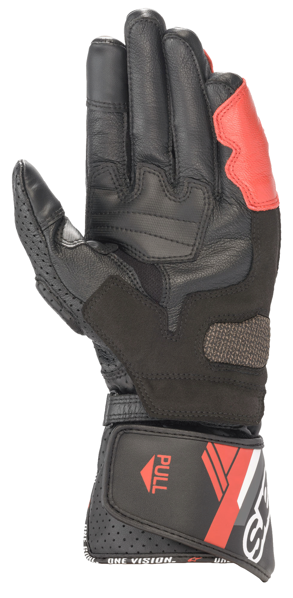Alpinestars SP-8 V3 Lederhandschuhe, Schwarz, Weiß und Bright Red, Handflächenansicht mit verstärkter Lederkonstruktion, gepolsterten Griffeinsätzen und einer langen Manschette mit Klettverschluss und „ONE VISION“-Branding